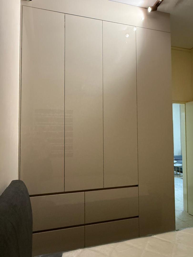 White gloss and oak dry-kitchen cabinets with floating shelves, Ambience Residence