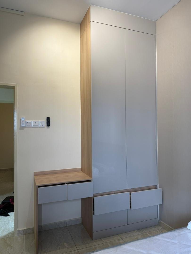 Grey high-gloss bedroom wardrobe with built-in oak dressing table, Ambience Residence Pulau Gadong