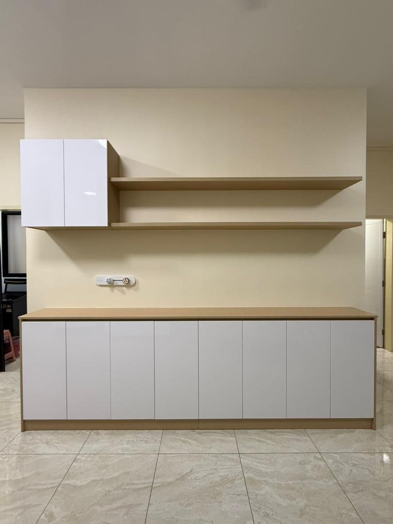 Tall taupe high-gloss bedroom wardrobe with base drawers, Ambience Residence Pulau Gadong